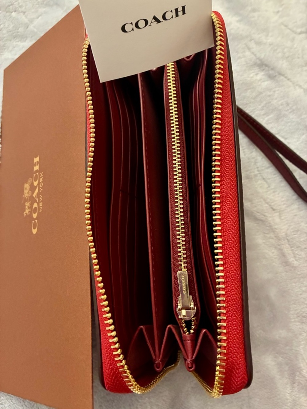 Coach Horse & Carriage Pebbled Leather Colorblock Long Zip Wallet, Red/Pink - Picture 8 of 9